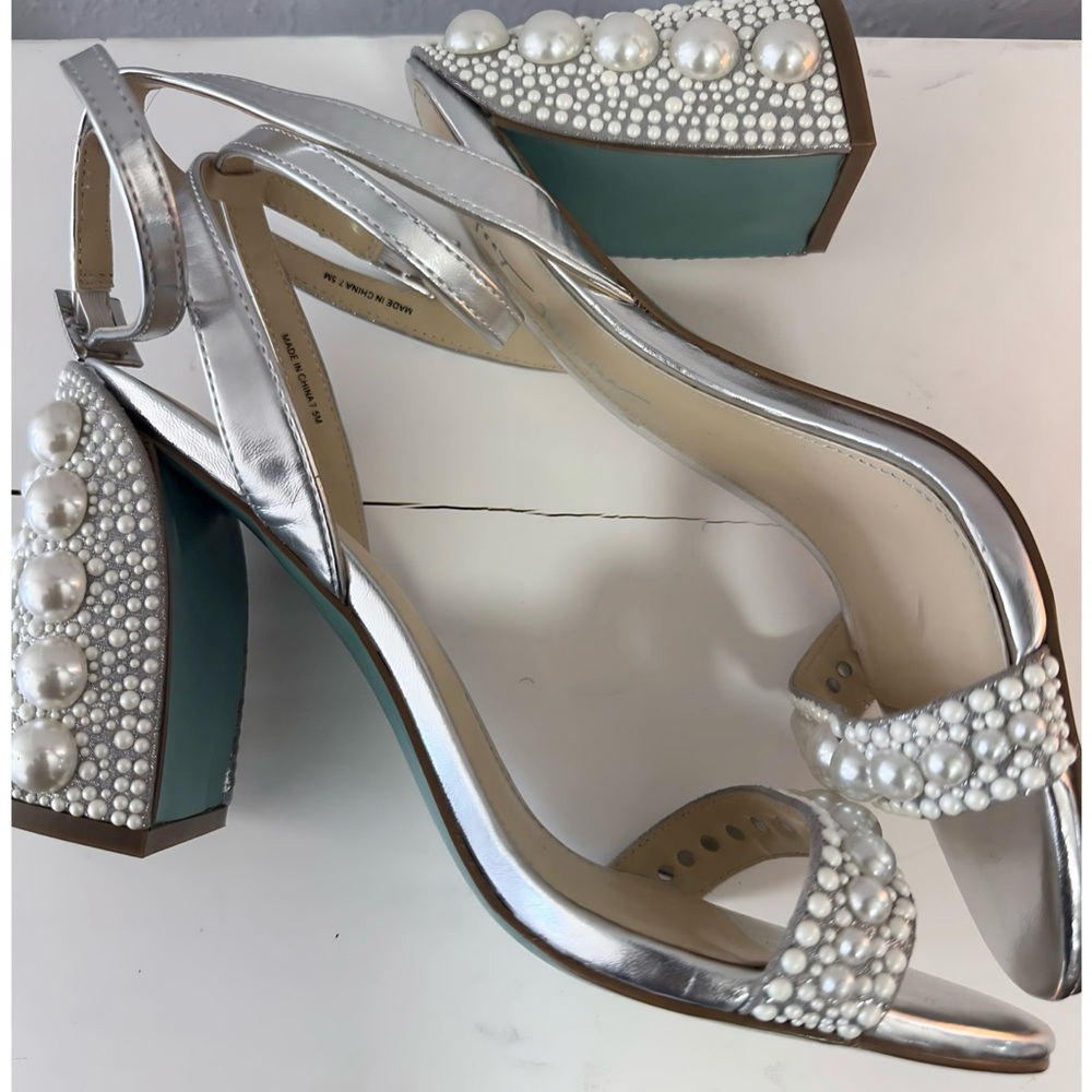 Betsey Johnson Silver Strappy Heels with Pearl Details - Picture 7 of 7